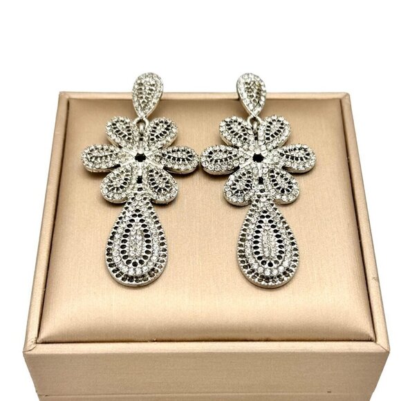 Women’s Silver Rhinestone Paved Flower Chandelier Large Drop Dangle Earrings - Picture 4 of 8